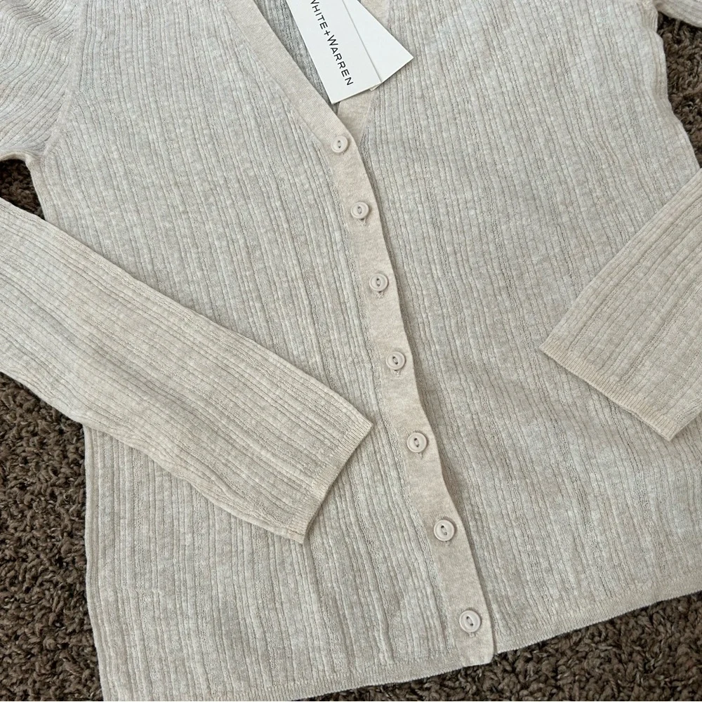 NWT White + Warren Linen Gauze Verigated Ribbed Cardi Top in Oatmeal Heather - Picture 5 of 13